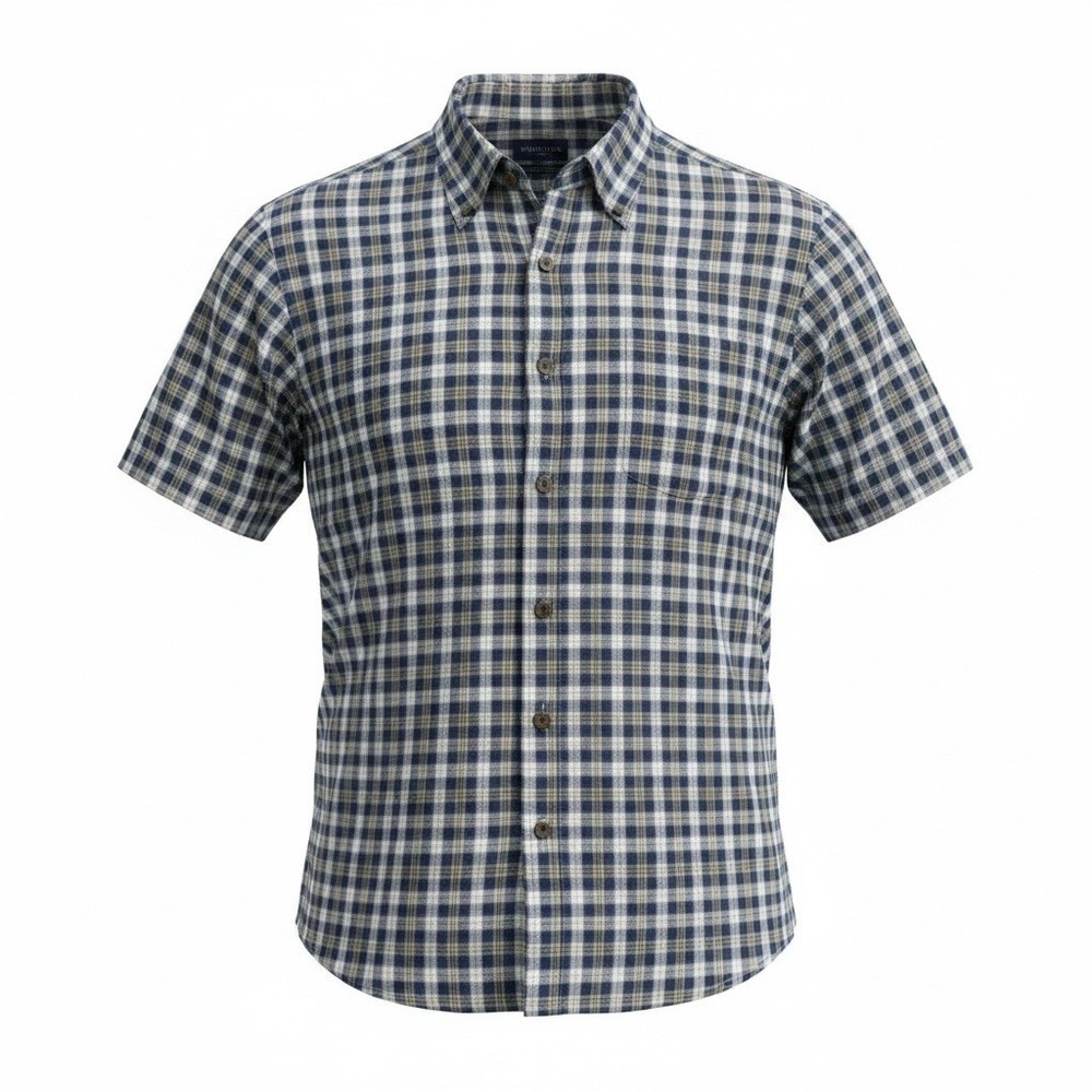 Van Heusen Short Sleeve Shirt Men’s Size XL (17-17.5) Blue Tan & White Plaid